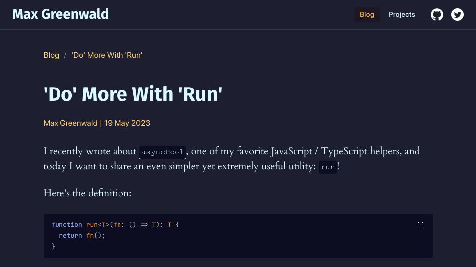 Screenshot of maxgreenwald.me: 'Do' More with 'Run'