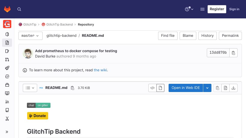 Screenshot of gitlab.com: GlitchTip: An open source, Sentry API compatible error tracking platform
