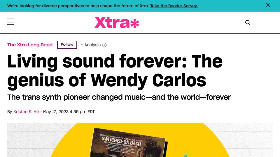 Screenshot of xtramagazine.com: Living sound forever: The genius of Wendy Carlos