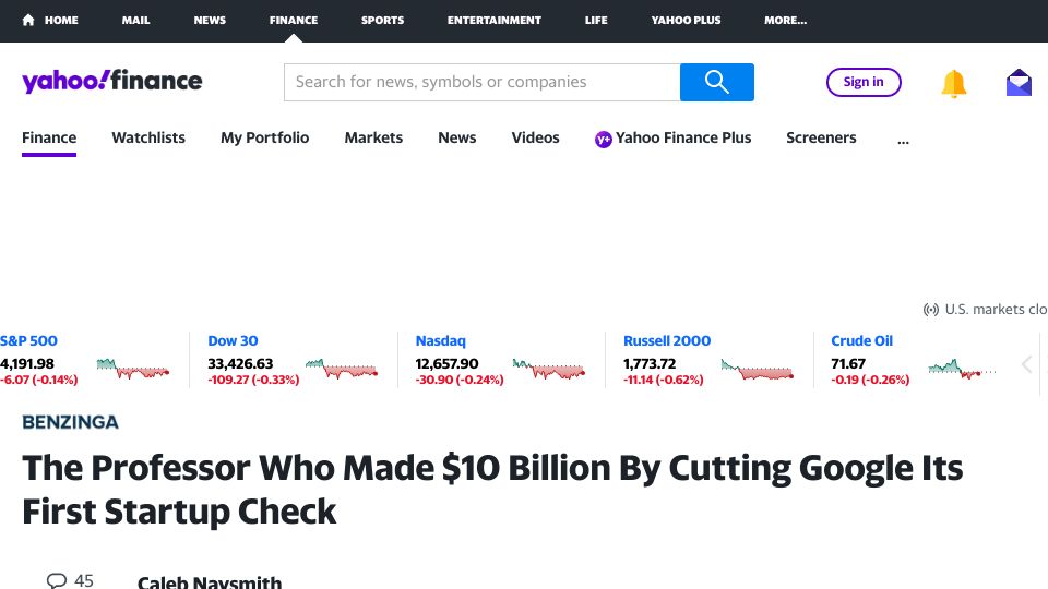 Screenshot of finance.yahoo.com: The professor who made $10B by cutting Google its first startup check