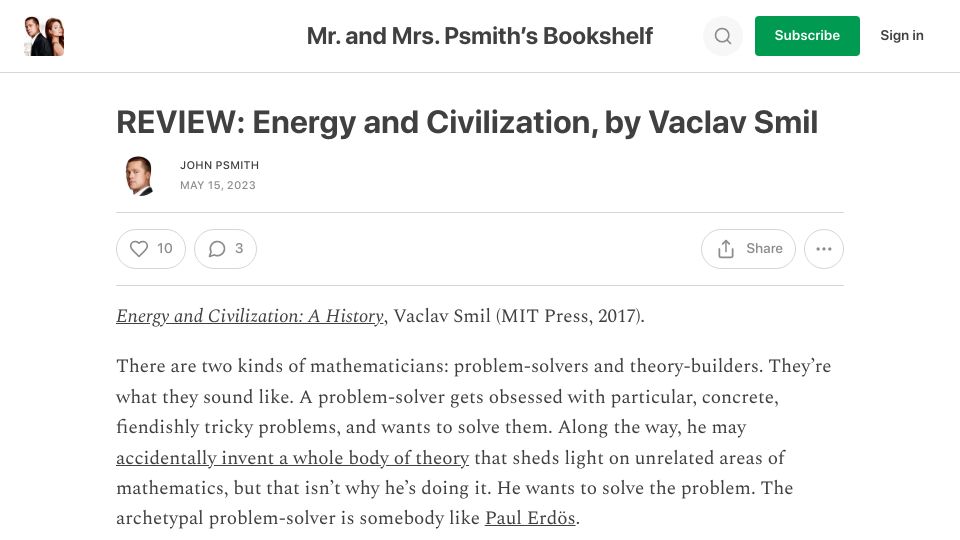 Screenshot of thepsmiths.com: Review: Energy and Civilization