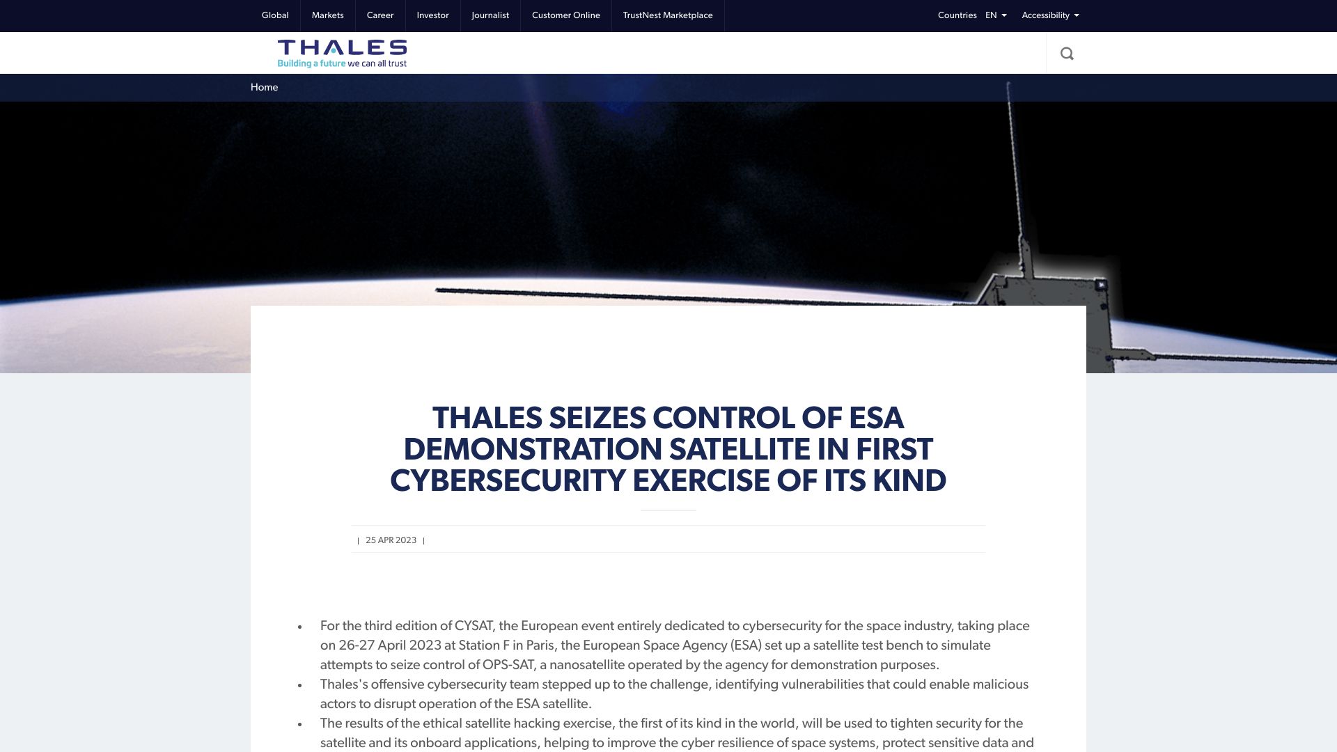 Screenshot of thalesgroup.com: Thales seizes control of ESA demonstration satellite in cybersecurity exercise