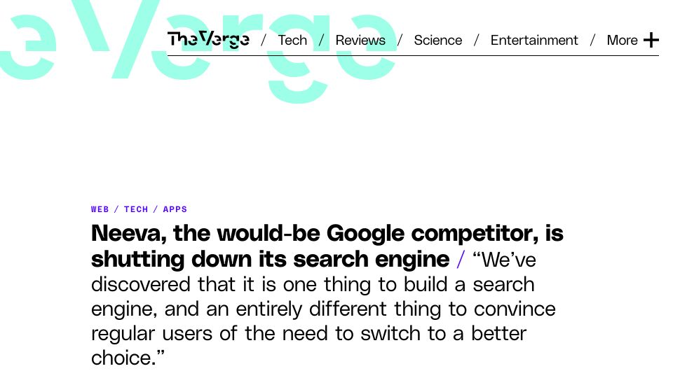 Screenshot of theverge.com: Neeva, would-be Google competitor, is shutting down its search engine