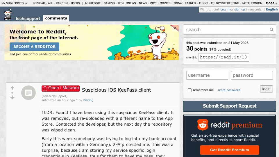 Screenshot of old.reddit.com: Suspicious iOS KeePass Client