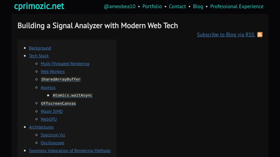 Screenshot of cprimozic.net: Building a Signal Analyzer with Modern Web Tech