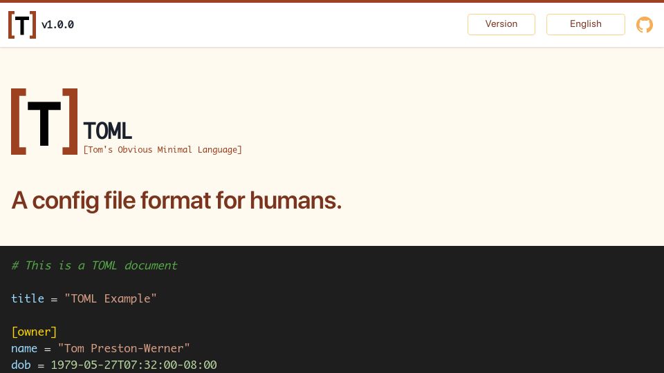 Screenshot of toml.io: TOML: Tom's Obvious Minimal Language