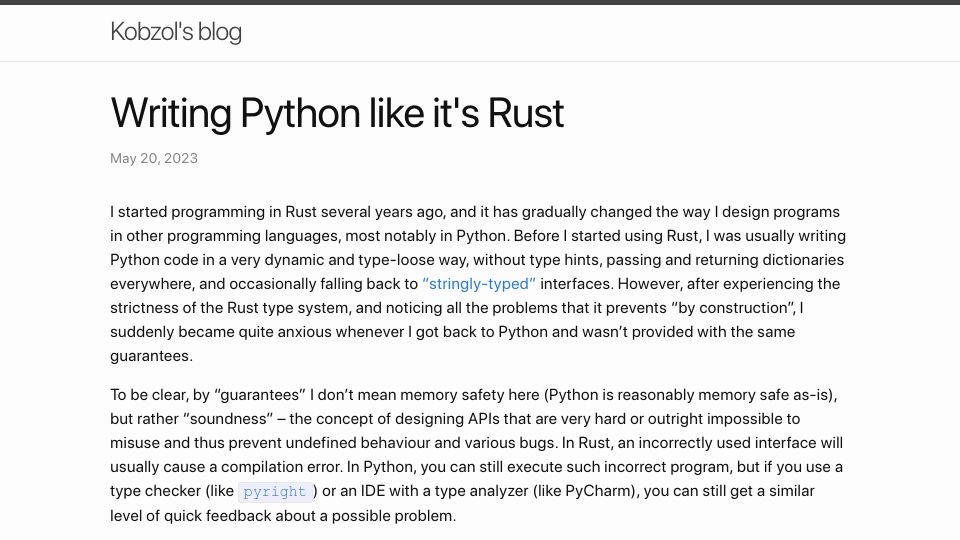 Screenshot of kobzol.github.io: Writing Python like it's Rust