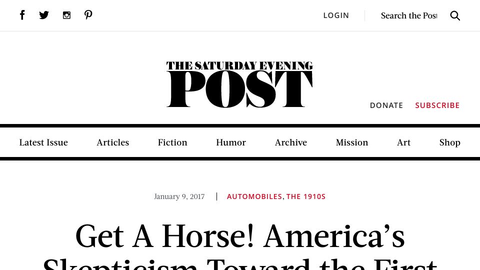 Screenshot of saturdayeveningpost.com: America’s skepticism toward the first automobiles (1930)