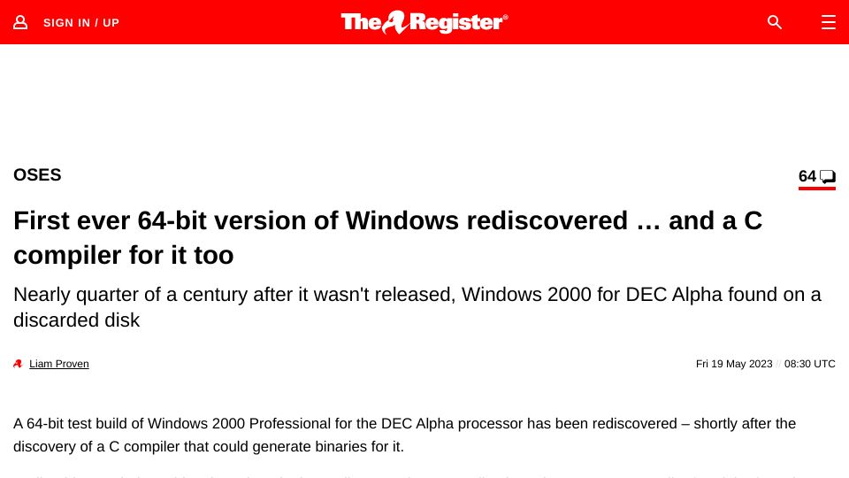 Screenshot of theregister.com: First ever 64-bit version of Windows rediscovered and a C compiler for it too