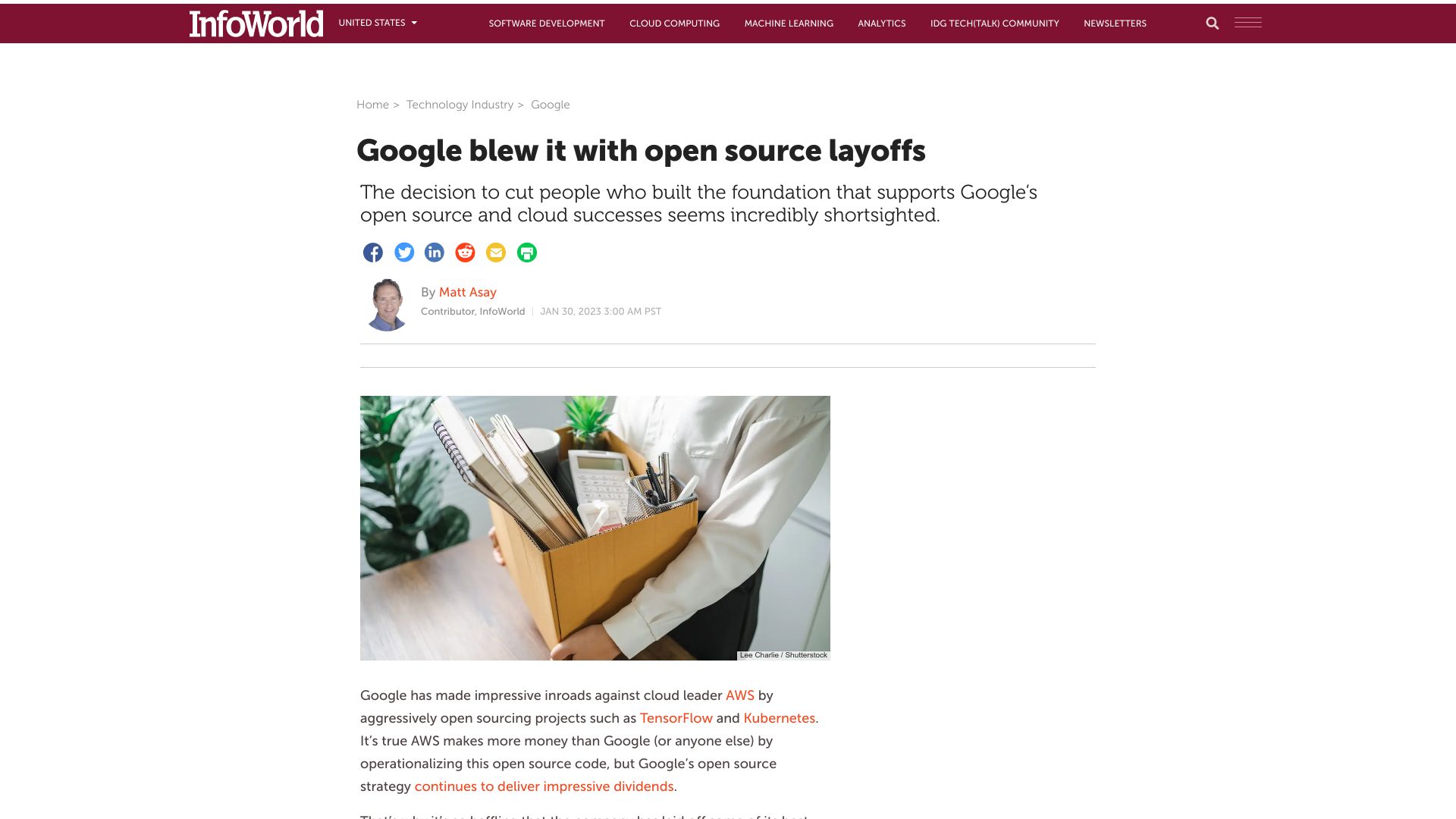Screenshot of infoworld.com: Google blew it with open source layoffs