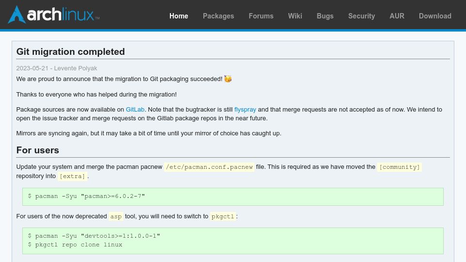 Screenshot of archlinux.org: Arch Linux: Git migration completed