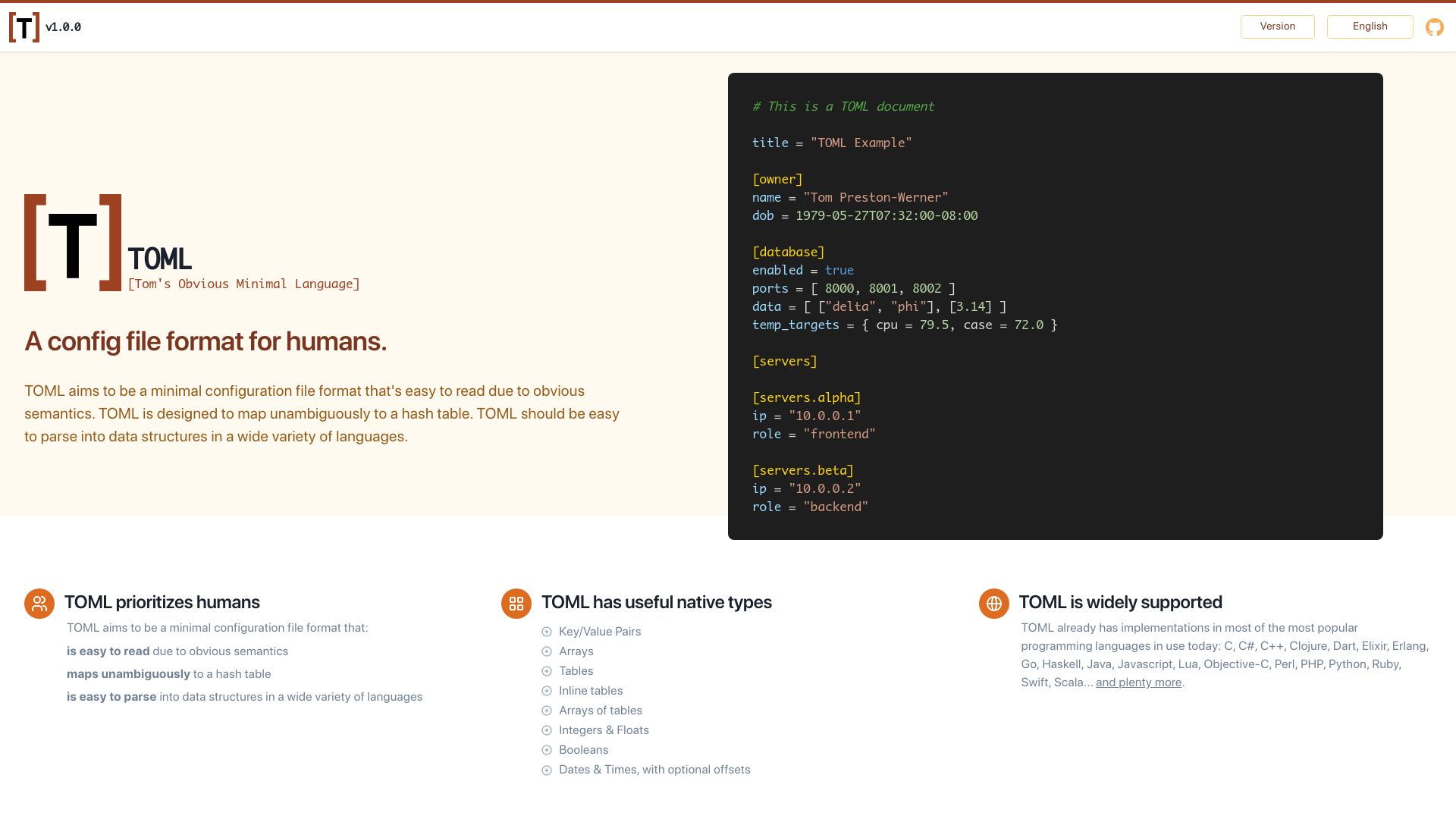 Screenshot of toml.io: TOML: Tom's Obvious Minimal Language