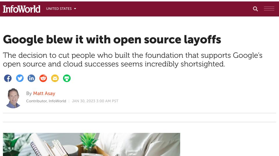 Screenshot of infoworld.com: Google blew it with open source layoffs