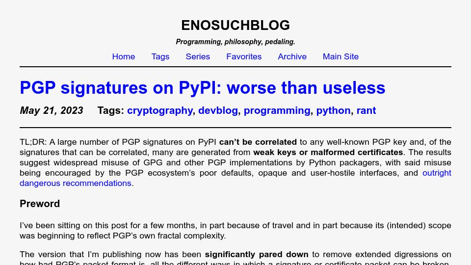 Screenshot of blog.yossarian.net: PGP signatures on PyPI: worse than useless