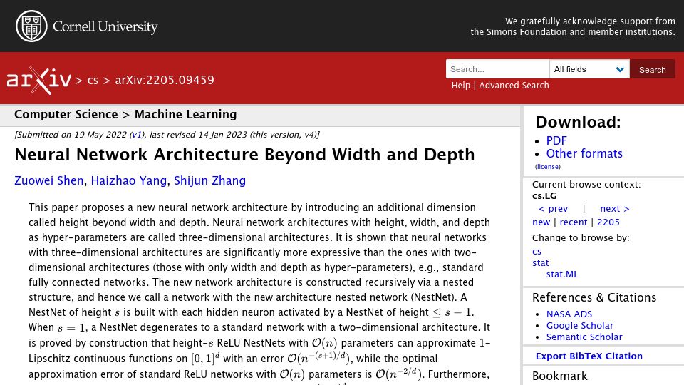 Screenshot of arxiv.org: Neural Network Architecture Beyond Width and Depth