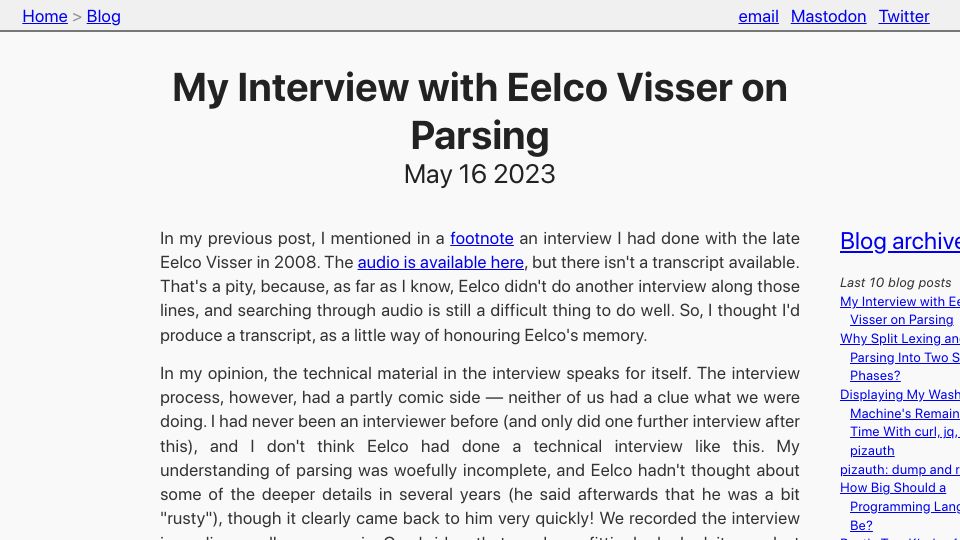 Screenshot of tratt.net: My Interview with Eelco Visser on Parsing