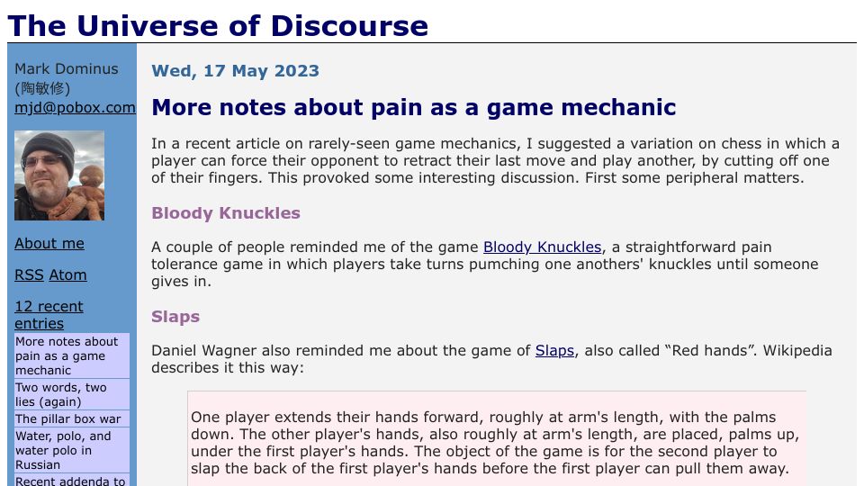 Screenshot of blog.plover.com: More notes about pain as a game mechanic