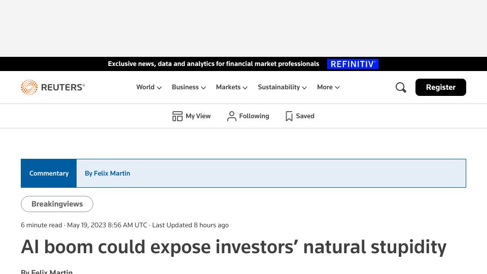 Screenshot of reuters.com: AI boom could expose investors’ natural stupidity
