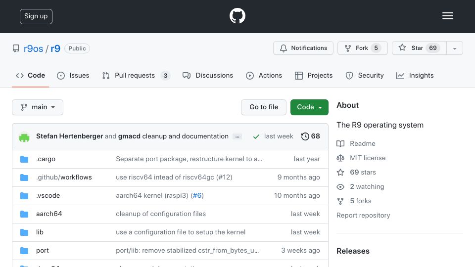Screenshot of github.com: r9: Plan 9 in Rust