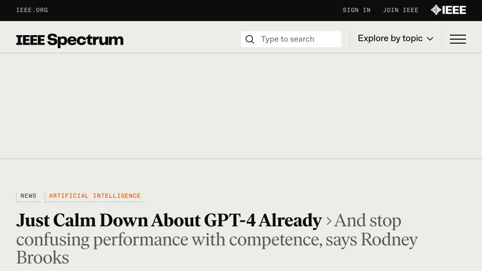 Screenshot of spectrum.ieee.org: Rodney Brooks on GPT-4