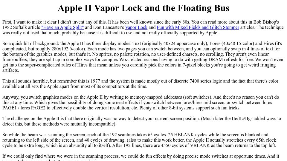 Screenshot of deater.net: Apple II Vapor Lock and the Floating Bus (2018)