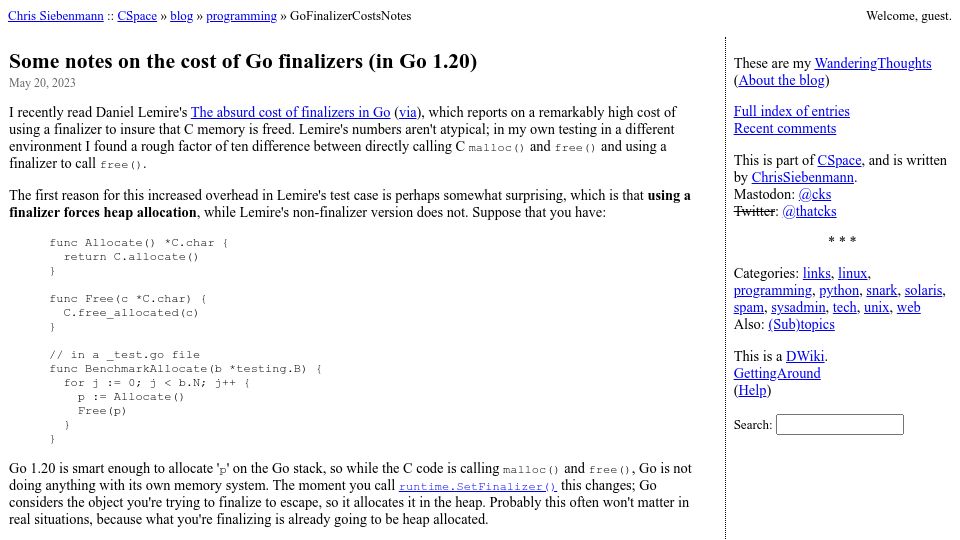 Screenshot of utcc.utoronto.ca: Notes on the Cost of Go Finalizers