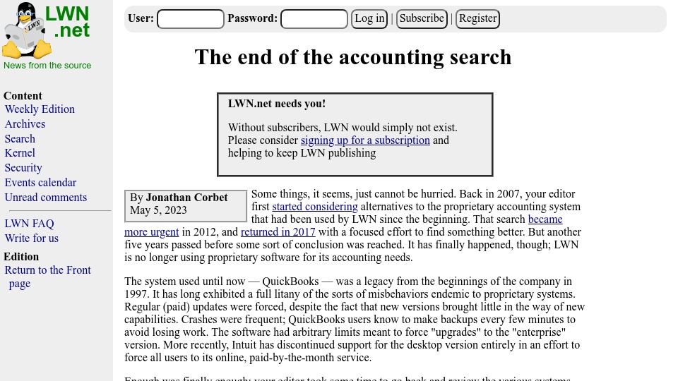 Screenshot of lwn.net: The end of the accounting search