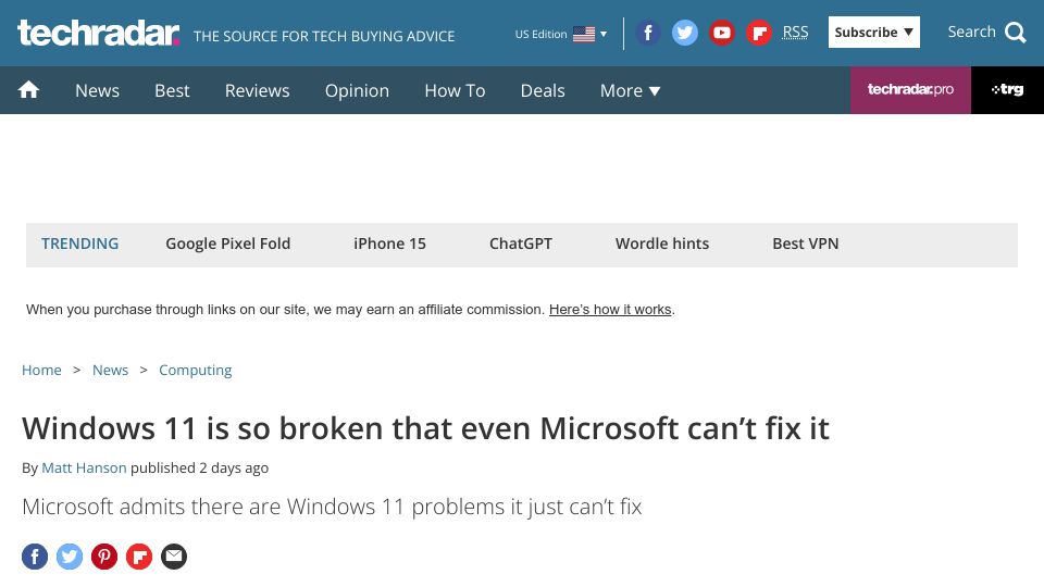 Screenshot of techradar.com: Windows 11 is so broken that even Microsoft can’t fix it