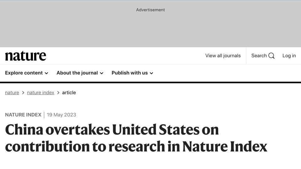 Screenshot of nature.com: China overtakes United States on contribution to research in Nature Index