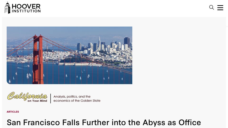 Screenshot of hoover.org: San Francisco office values fall 75%