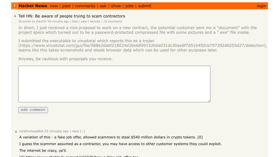 Screenshot of Hacker News post: Tell HN: Be aware of people trying to scam contractors