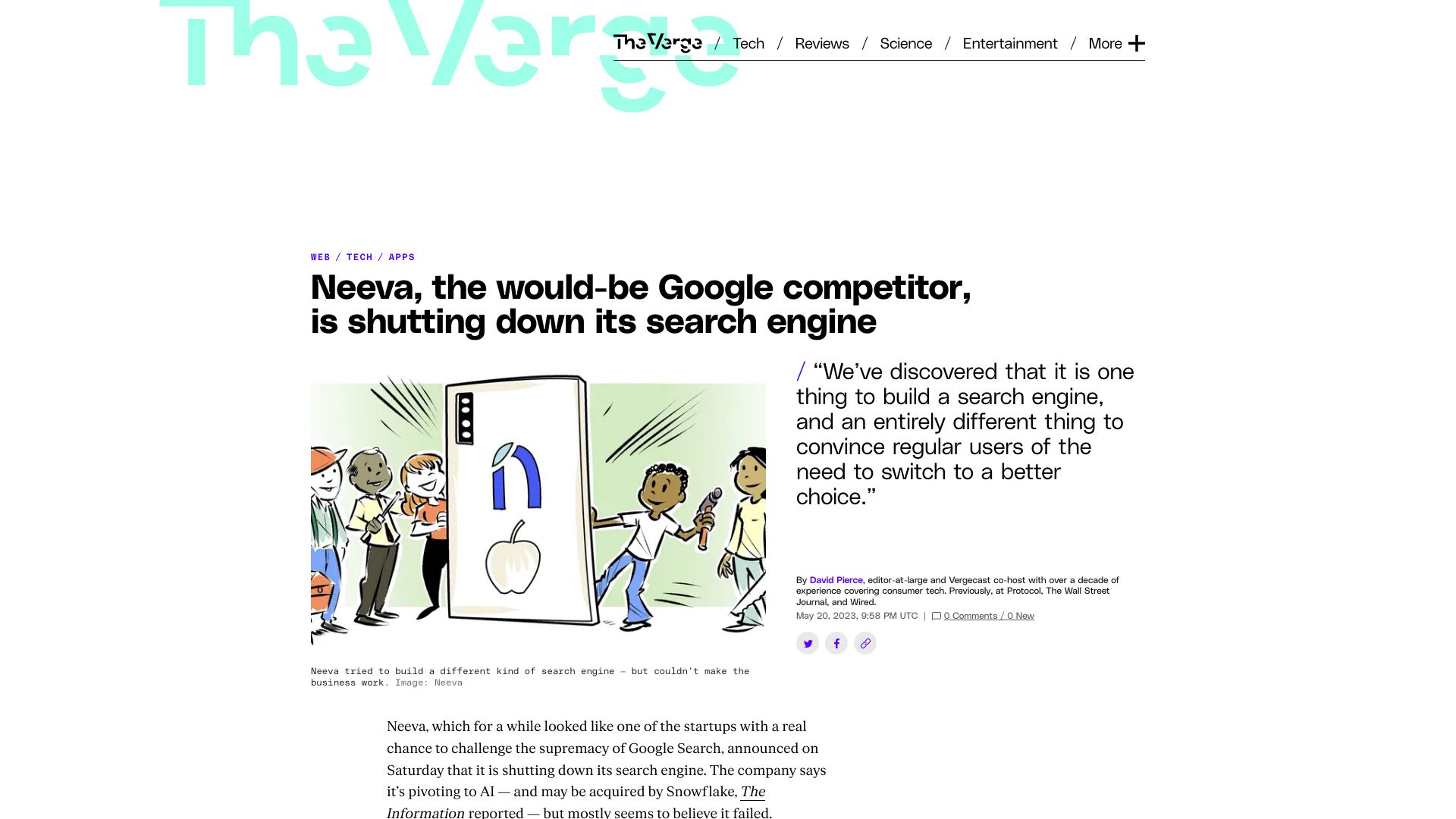 Screenshot of theverge.com: Neeva, would-be Google competitor, is shutting down its search engine
