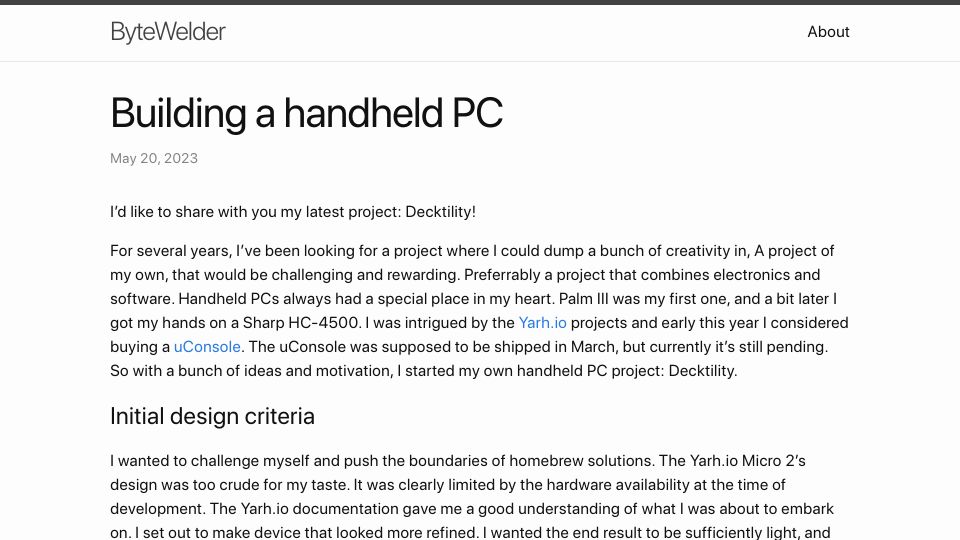 Screenshot of bytewelder.com: Building a Handheld PC