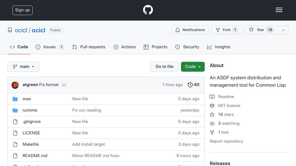 Screenshot of github.com: Ocicl – An ASDF system distribution and management tool for Common Lisp