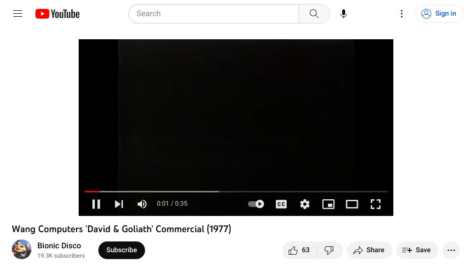 Screenshot of youtube.com: Wang Computers 'David and Goliath' Commercial (1977) [video]