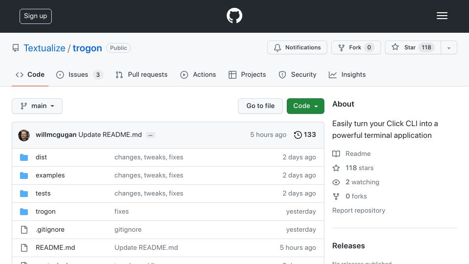 Screenshot of github.com: Show HN: Trogon – An automatic TUI for command line apps