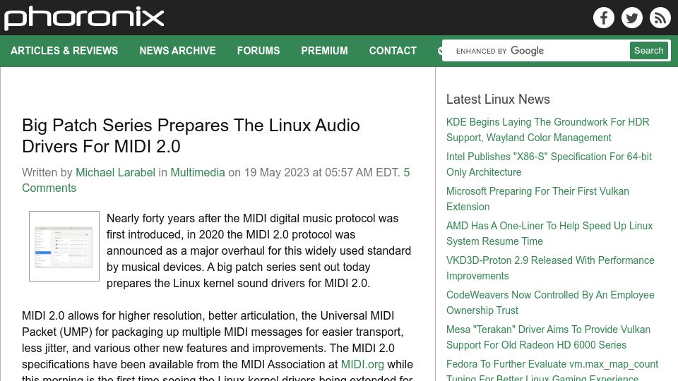 Screenshot of phoronix.com: Big Patch Series Prepares the Linux Audio Drivers for MIDI 2.0