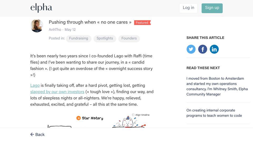 Screenshot of elpha.com: Pushing through when no one cares