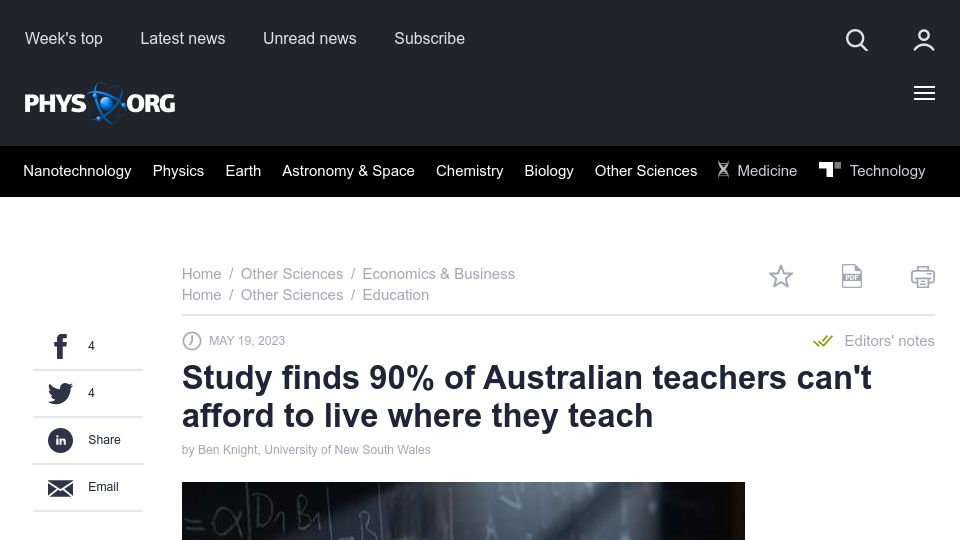 Screenshot of phys.org: Study finds 90% of Australian teachers can't afford to live where they teach