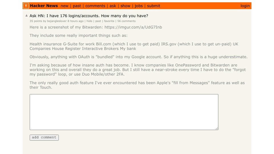 Screenshot of Hacker News post: Ask HN: I have 176 logins/accounts. How many do you have?