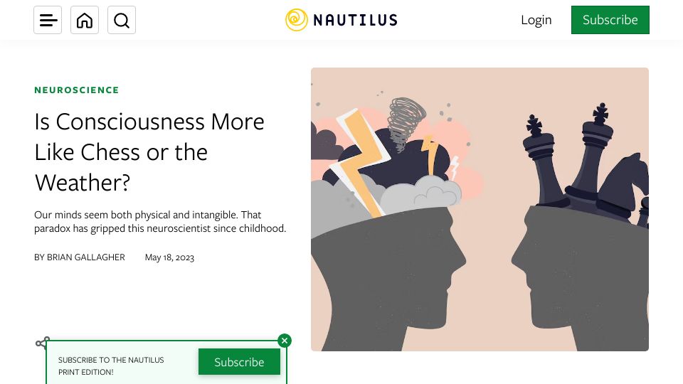 Screenshot of nautil.us: Is Consciousness More Like Chess or the Weather?