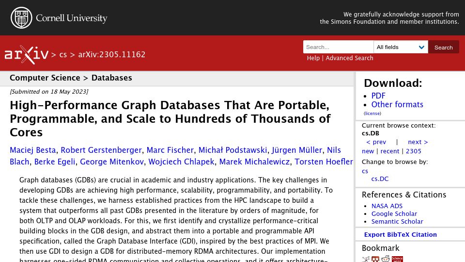 Screenshot of arxiv.org: High-Performance Graph Databases