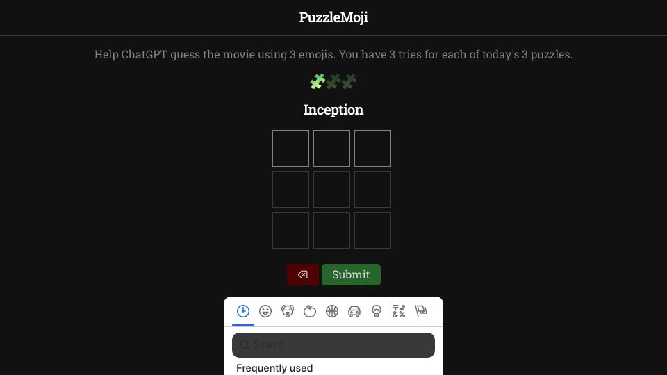 Screenshot of puzzlemoji.com: Show HN: PuzzleMoji, a daily emoji pictionary challenge against ChatGPT