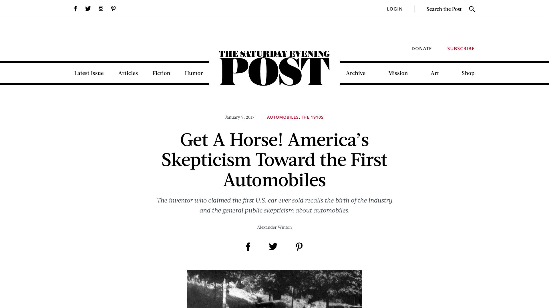 Screenshot of saturdayeveningpost.com: America’s skepticism toward the first automobiles (1930)