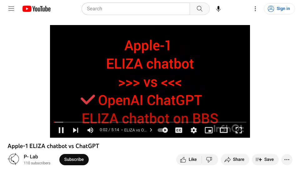 Screenshot of youtube.com: Apple-1 ELIZA chatbot vs. ChatGPT [video]