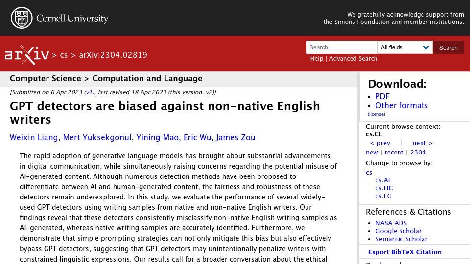 Screenshot of arxiv.org: GPT detectors are biased against non-native English writers