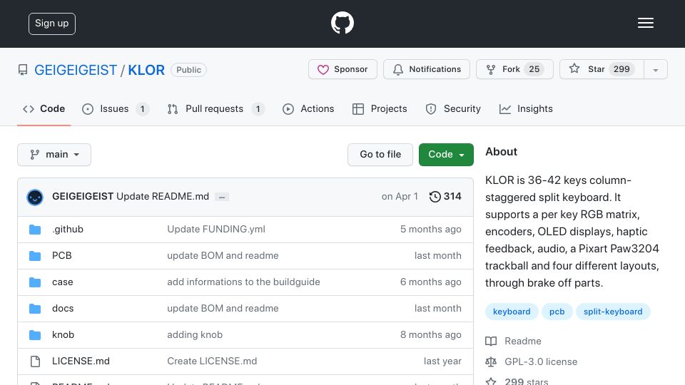 Screenshot of github.com: KLOR – A 36-42 keys column-staggered split keyboard