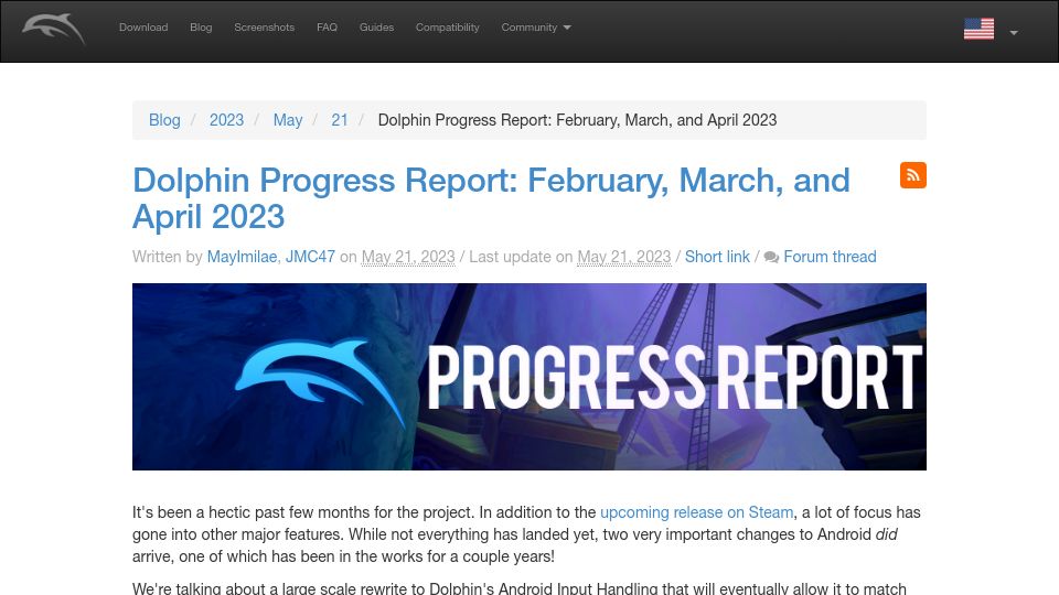 Screenshot of dolphin-emu.org: Dolphin Emulator: Progress Report February, March, and April 2023