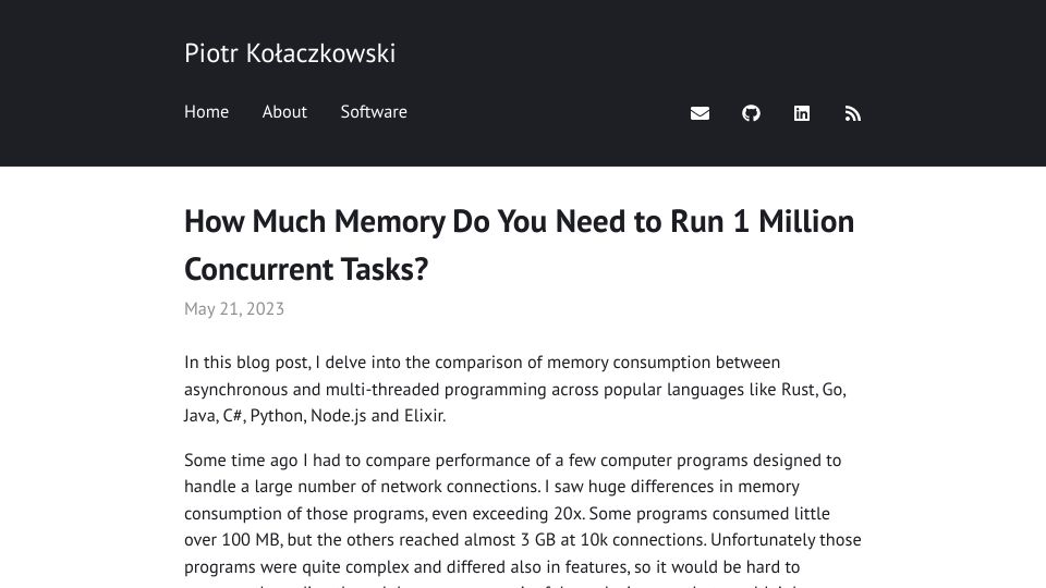 Screenshot of pkolaczk.github.io: How much memory do you need to run 1M concurrent tasks?