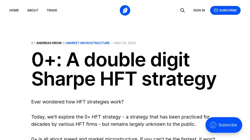 Screenshot of blog.everstrike.io: 0+: A double digit Sharpe HFT strategy